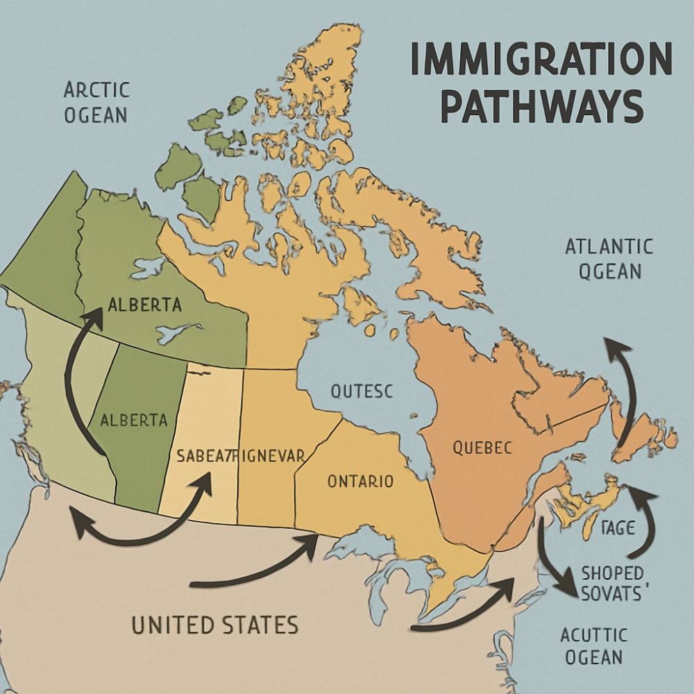 Map of Canada with immigration pathways marked