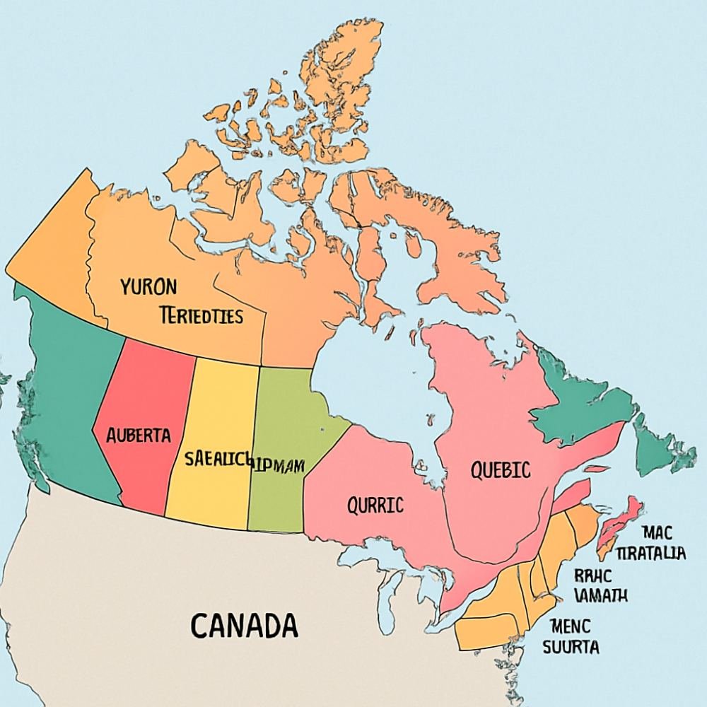 Map of Canada showing different provinces with their respective colors