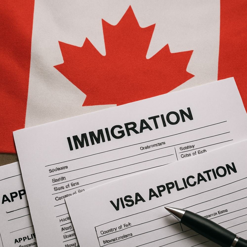 Canadian flag with immigration documents