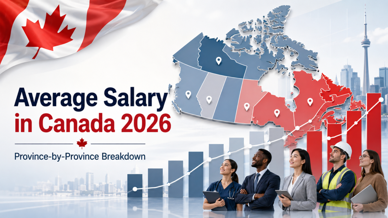 Professional Canadian salary infographic showing a map of Canada, rising income chart, and diverse workers for average salary by province in 2026.