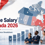 Professional Canadian salary infographic showing a map of Canada, rising income chart, and diverse workers for average salary by province in 2026.