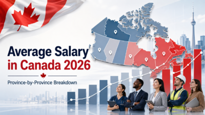 Professional Canadian salary infographic showing a map of Canada, rising income chart, and diverse workers for average salary by province in 2026.