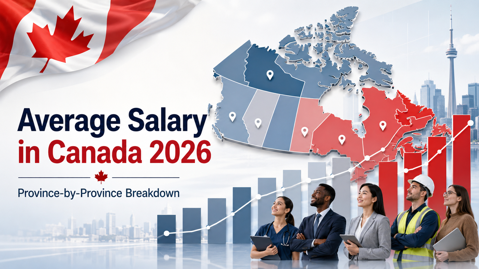 Professional Canadian salary infographic showing a map of Canada, rising income chart, and diverse workers for average salary by province in 2026.