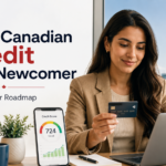 Newcomer in Canada reviewing a credit card and credit score dashboard while building Canadian credit history.