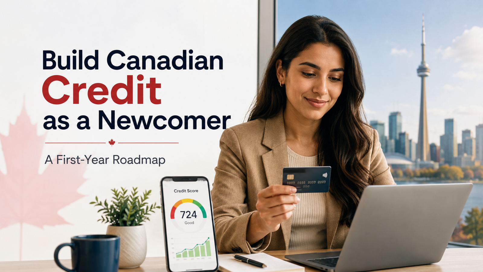Newcomer in Canada reviewing a credit card and credit score dashboard while building Canadian credit history.