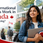 International student holding a laptop on a Canadian campus with a hiring sign, representing study and work opportunities in Canada.