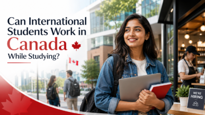 International student holding a laptop on a Canadian campus with a hiring sign, representing study and work opportunities in Canada.