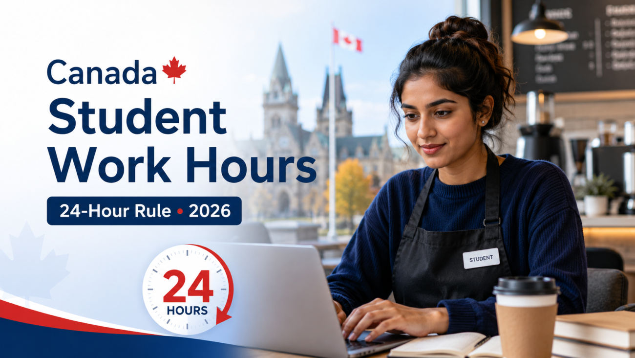 International student in Canada working on a laptop with a 24-hour work rule graphic for 2026 study permit guidelines.