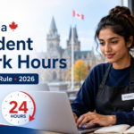 International student in Canada working on a laptop with a 24-hour work rule graphic for 2026 study permit guidelines.
