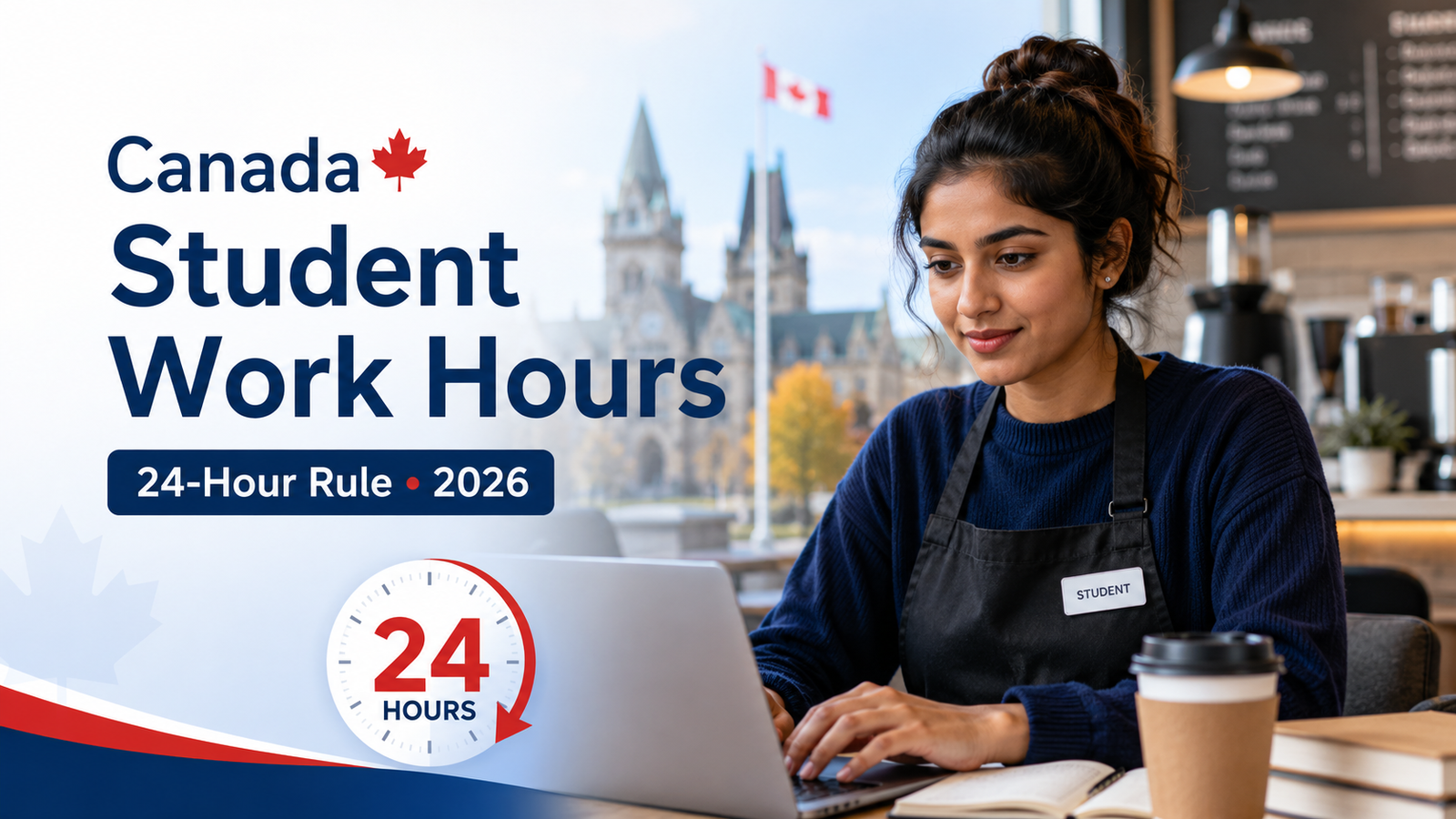 International student in Canada working on a laptop with a 24-hour work rule graphic for 2026 study permit guidelines.