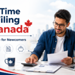 First-time tax filing in Canada for newcomers in 2026, showing tax forms, calculator, laptop, and Canadian financial documents.