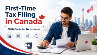 First-time tax filing in Canada for newcomers in 2026, showing tax forms, calculator, laptop, and Canadian financial documents.