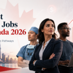 Professional Canadian career cover image showing doctors, tech workers, executives, and skilled tradespeople with a rising salary graph and Toronto skyline for highest paying jobs in Canada 2026.
