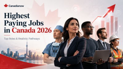 Professional Canadian career cover image showing doctors, tech workers, executives, and skilled tradespeople with a rising salary graph and Toronto skyline for highest paying jobs in Canada 2026.