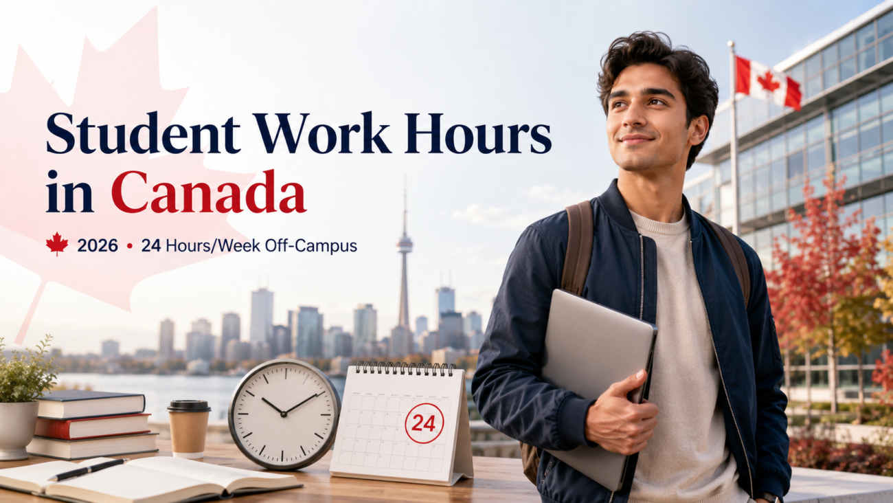 International student in Canada holding a laptop with a 24-hour work limit calendar, representing 2026 off-campus work rules for study permit holders.