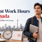 International student in Canada holding a laptop with a 24-hour work limit calendar, representing 2026 off-campus work rules for study permit holders.