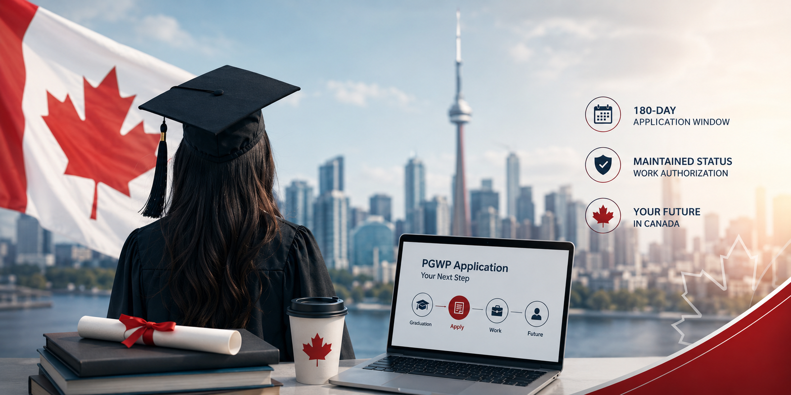 International graduate in Canada preparing a PGWP application with a 180-day deadline, maintained status, and work authorization timeline.