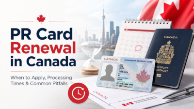 PR card renewal in Canada with passport, calendar, immigration documents, and processing time reminder for permanent residents