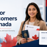 Newcomer in Canada holding immigration documents with a Social Insurance Number guide graphic, explaining how to apply for and use a SIN correctly.