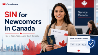Newcomer in Canada holding immigration documents with a Social Insurance Number guide graphic, explaining how to apply for and use a SIN correctly.