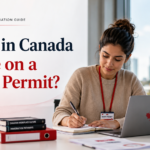 Newcomer studying in Canada while holding a work permit, with laptop, documents, and Canadian immigration guide visuals.
