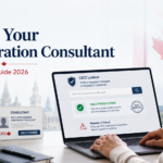 Professional blog cover showing a person verifying a Canadian immigration consultant through a CICC lookup interface with a shield, checkmark, consultant ID card, and Canadian maple leaf background.