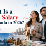 Professional Canadian salary guide cover showing young professionals, city skylines, income charts, and cost of living visuals for Canada in 2026.
