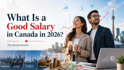 Professional Canadian salary guide cover showing young professionals, city skylines, income charts, and cost of living visuals for Canada in 2026.