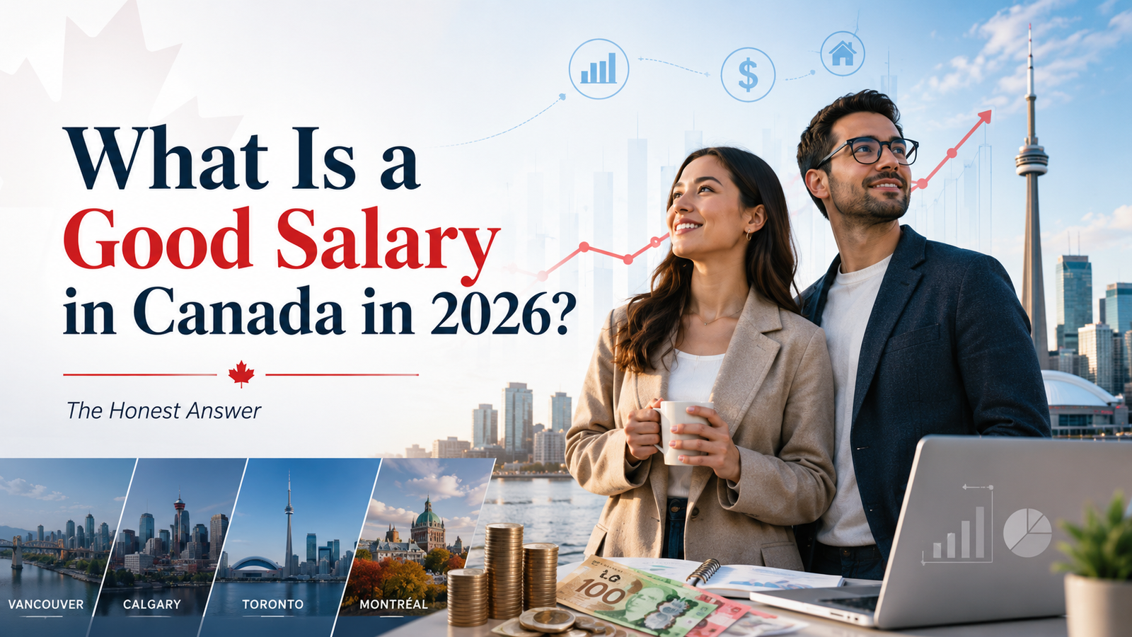 Professional Canadian salary guide cover showing young professionals, city skylines, income charts, and cost of living visuals for Canada in 2026.