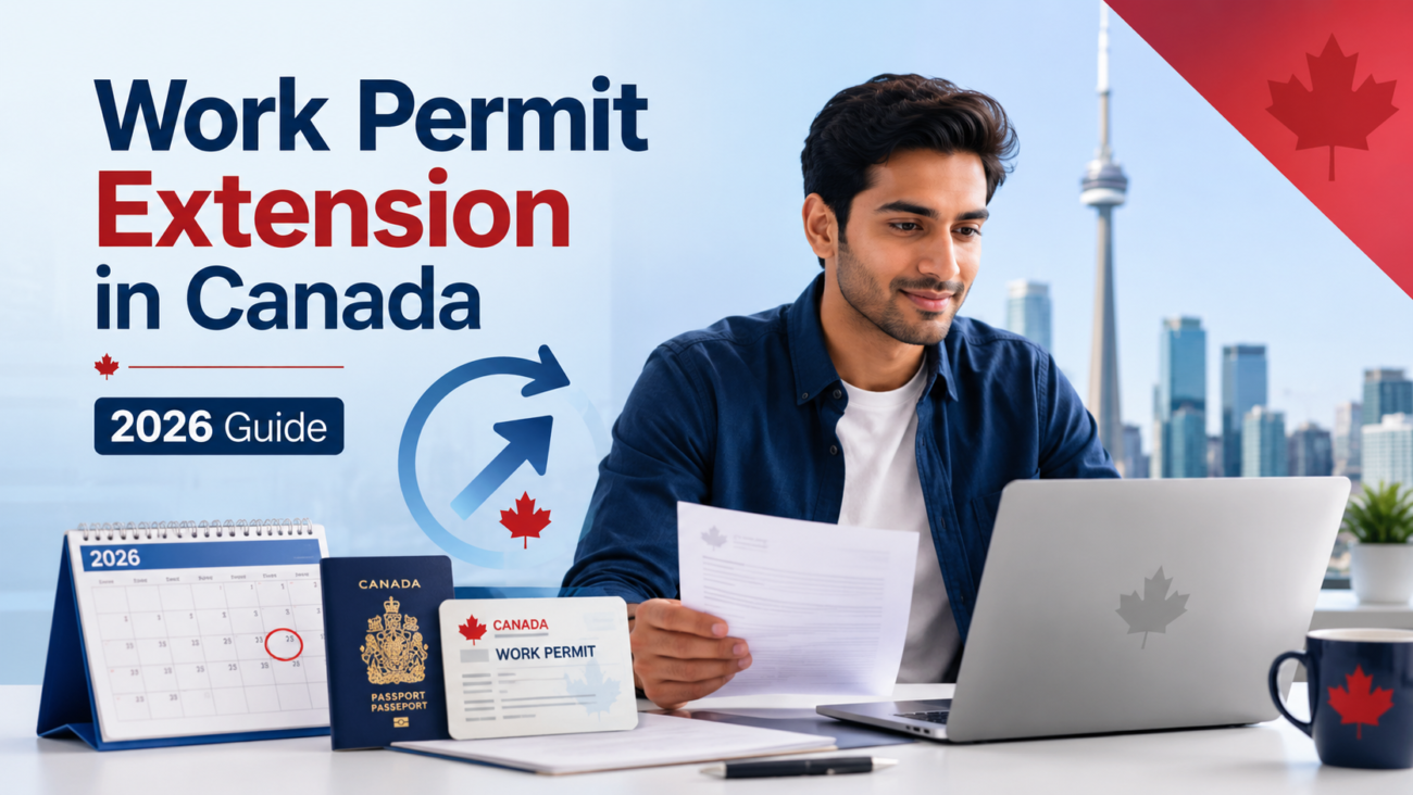 Work Permit Extension in Canada 2026 guide showing a newcomer reviewing immigration documents, laptop, passport, calendar, and work permit renewal visuals.