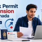 Work Permit Extension in Canada 2026 guide showing a newcomer reviewing immigration documents, laptop, passport, calendar, and work permit renewal visuals.