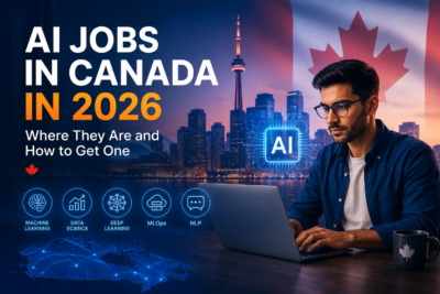 Canadianow - Latest News, Immigration Updates, Jobs &Amp; Lifestyle In Canada! 1 AI professional working on a laptop with Toronto skyline, Canadian flag and artificial intelligence graphics for AI jobs in Canada in 2026.