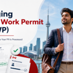 Professional blog cover image for a Canadian Bridging Open Work Permit guide, showing a newcomer professional in Toronto with work permit, PR application, passport, approval checkmark, Canadian flag, and minimal BOWP headline text.