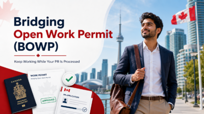 Professional blog cover image for a Canadian Bridging Open Work Permit guide, showing a newcomer professional in Toronto with work permit, PR application, passport, approval checkmark, Canadian flag, and minimal BOWP headline text.