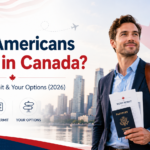 American professional holding passport and Canadian work permit documents in front of the Toronto skyline for a guide on working in Canada in 2026