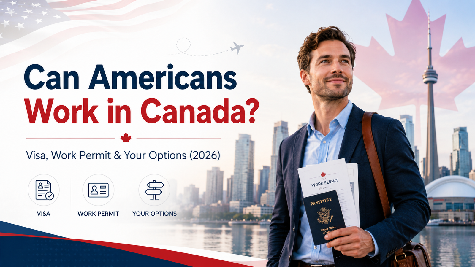 American professional holding passport and Canadian work permit documents in front of the Toronto skyline for a guide on working in Canada in 2026