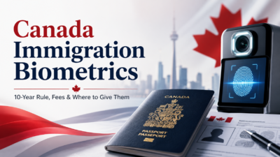 Canadianow - Latest News, Immigration Updates, Jobs &Amp; Lifestyle In Canada! 14 Professional blog cover image showing a Canadian passport, biometric fingerprint scanner, immigration form, maple leaf, and Toronto skyline for an article about Canada immigration biometrics.