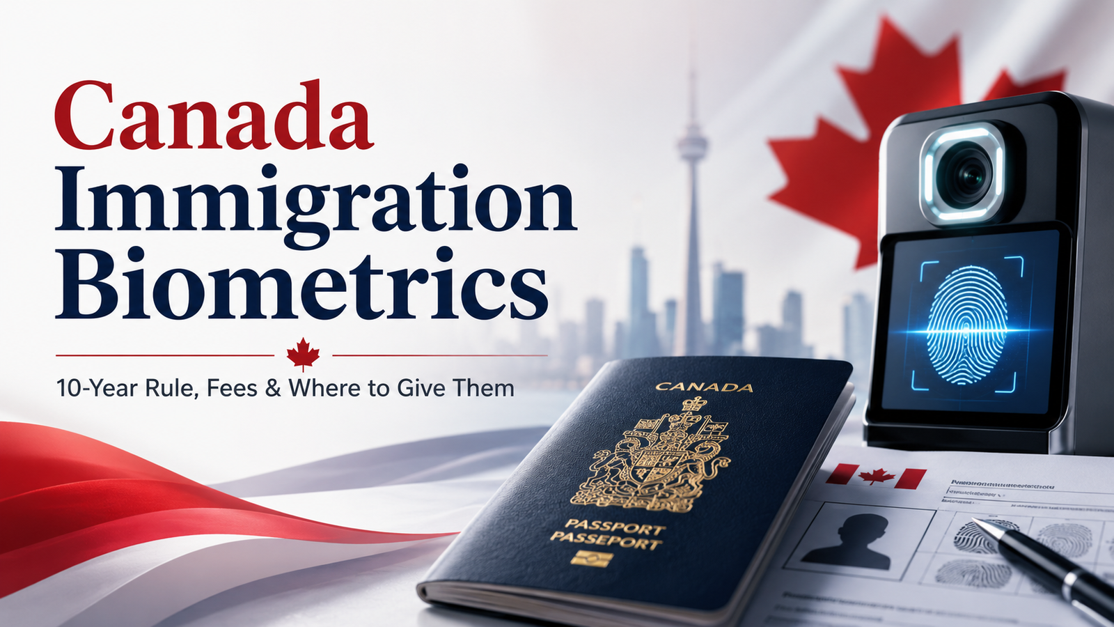 Professional blog cover image showing a Canadian passport, biometric fingerprint scanner, immigration form, maple leaf, and Toronto skyline for an article about Canada immigration biometrics.