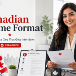 Professional Canadian resume format guide cover showing a newcomer reviewing a resume in a modern office with Canadian maple leaf accents.