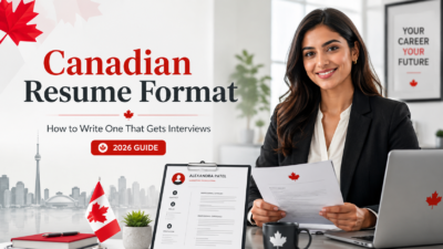 Professional Canadian resume format guide cover showing a newcomer reviewing a resume in a modern office with Canadian maple leaf accents.
