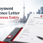 Professional blog cover showing an Employment Reference Letter form on a desk with Canadian maple leaf accents, a Toronto skyline background, and the headline “Employment Reference Letter for Express Entry.”