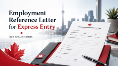 Professional blog cover showing an Employment Reference Letter form on a desk with Canadian maple leaf accents, a Toronto skyline background, and the headline “Employment Reference Letter for Express Entry.”