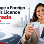 Newcomer in Canada holding a driver’s licence and passport with Canadian flag, road, map, and Toronto skyline in the background.