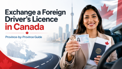 Newcomer in Canada holding a driver’s licence and passport with Canadian flag, road, map, and Toronto skyline in the background.