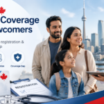 Newcomer family in Canada speaking with a doctor about provincial health coverage, waiting periods, registration, and health card access.