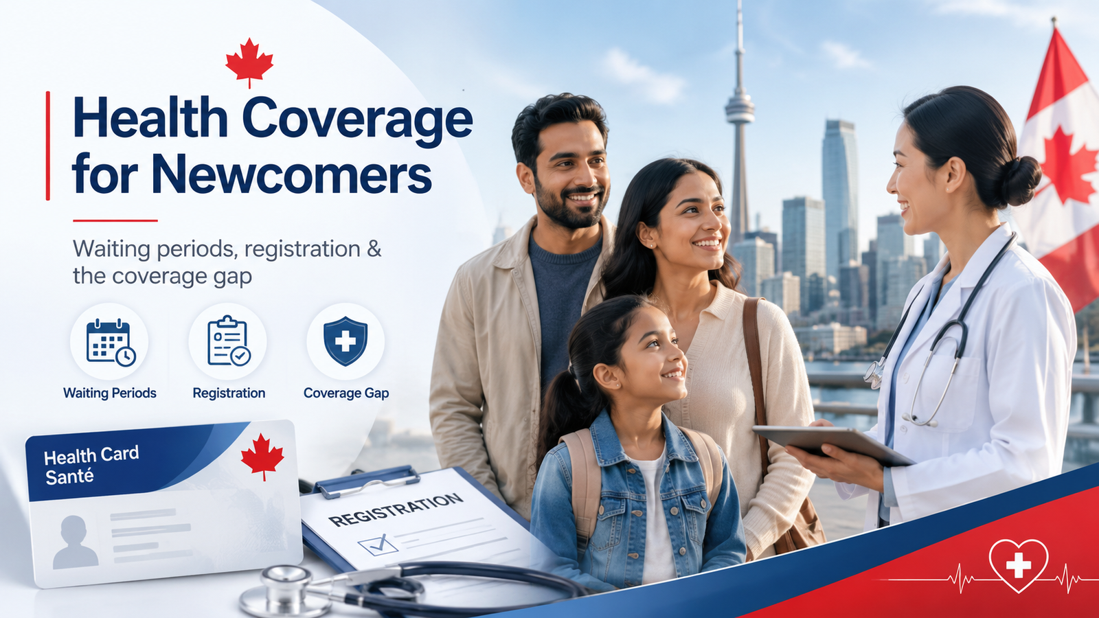 Newcomer family in Canada speaking with a doctor about provincial health coverage, waiting periods, registration, and health card access.