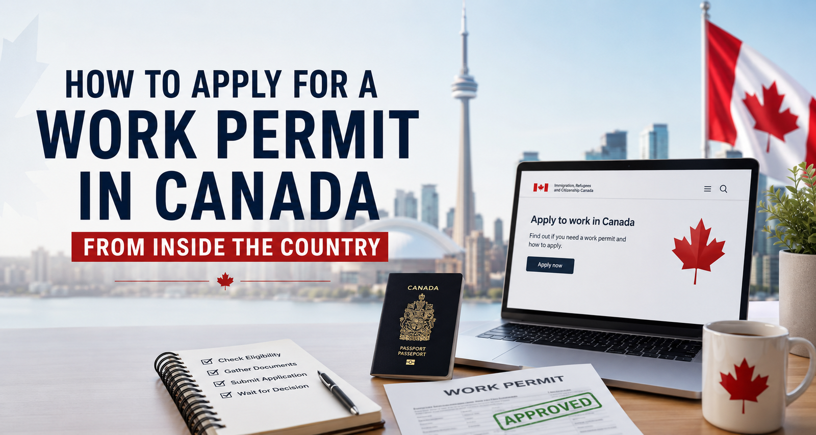 Professional illustration showing a Canadian work permit application process with passport, laptop, documents, and Toronto skyline, representing how to apply for a work permit in Canada from inside the country in 2026.