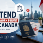 Canadian work permit extension guide cover image with passport, laptop, and infographic icons