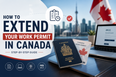 Canadian work permit extension guide cover image with passport, laptop, and infographic icons