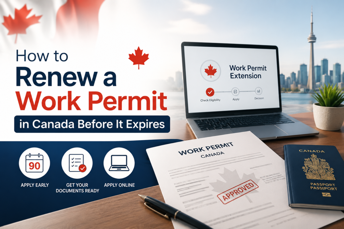Canadian work permit renewal guide with laptop, permit documents, Canadian passport and Toronto skyline